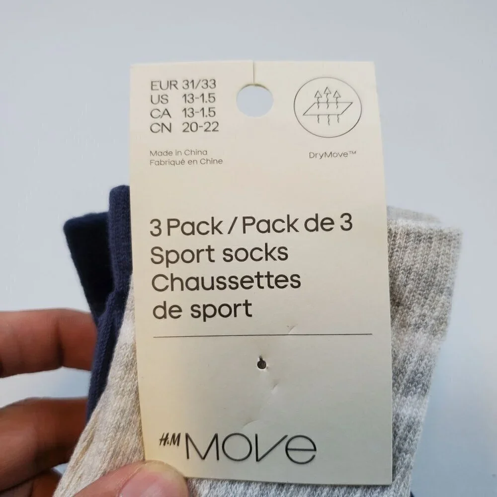 H&M Move 3-Pack Sport Socks Mid-Calf Cotton Blend Casual 13-1.5 NWT Assorted